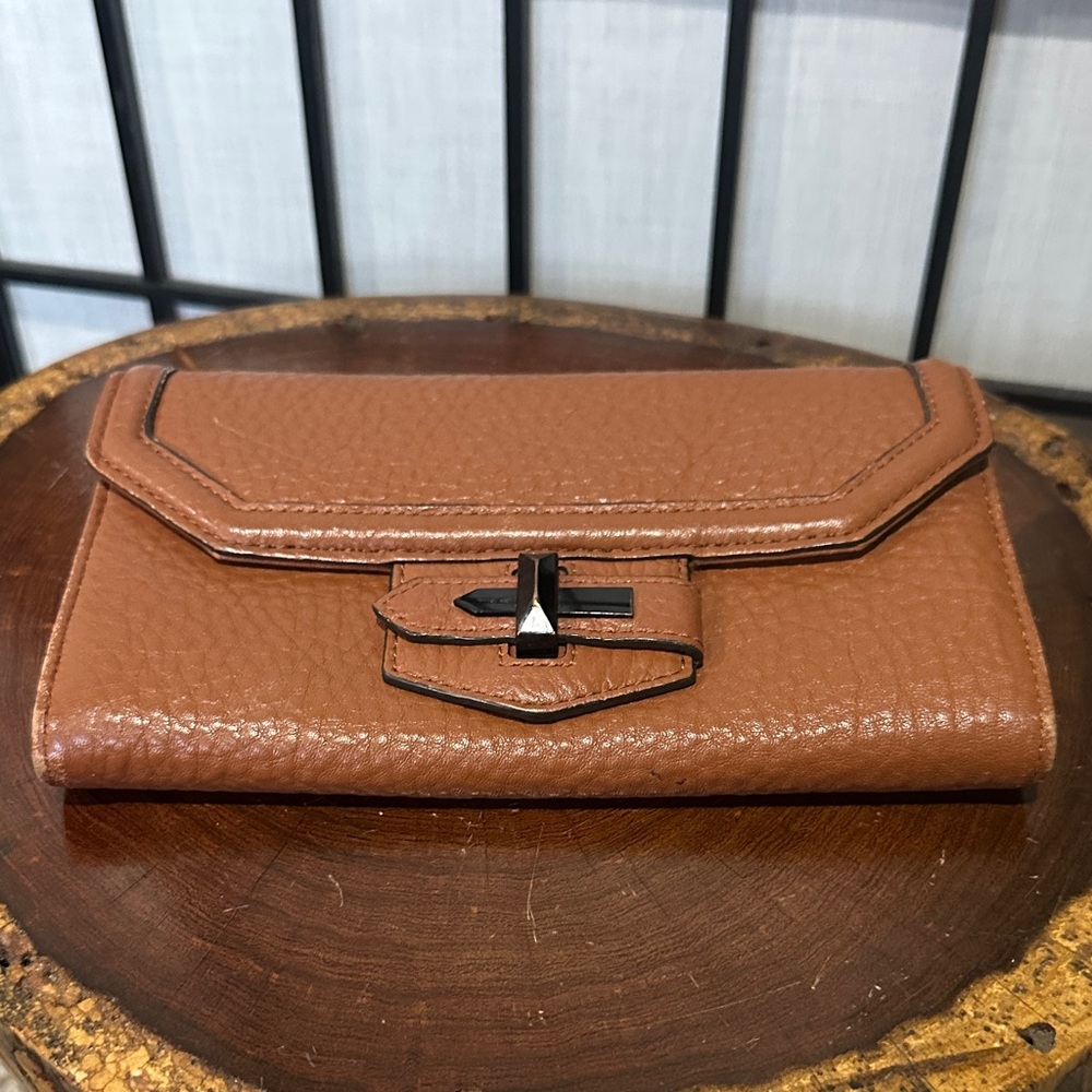 Rebecca Minkoff Brown Pebbled Leather Wallet Fabric Logo Interior